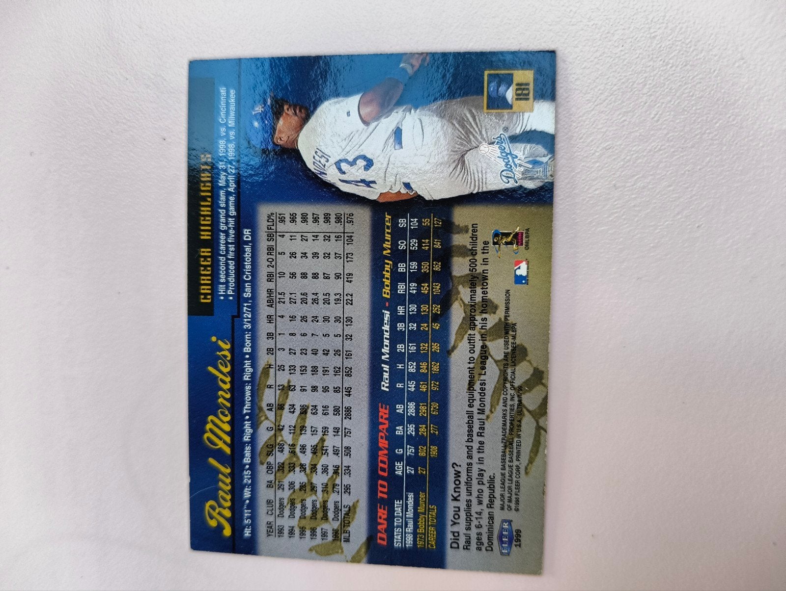 Raul Mondesi Fleer Ultra Honkbal Kaart Los Angeles Dodgers, Ophalen of Verzenden, Gebruikt, Buitenlandse clubs, Spelerskaart
