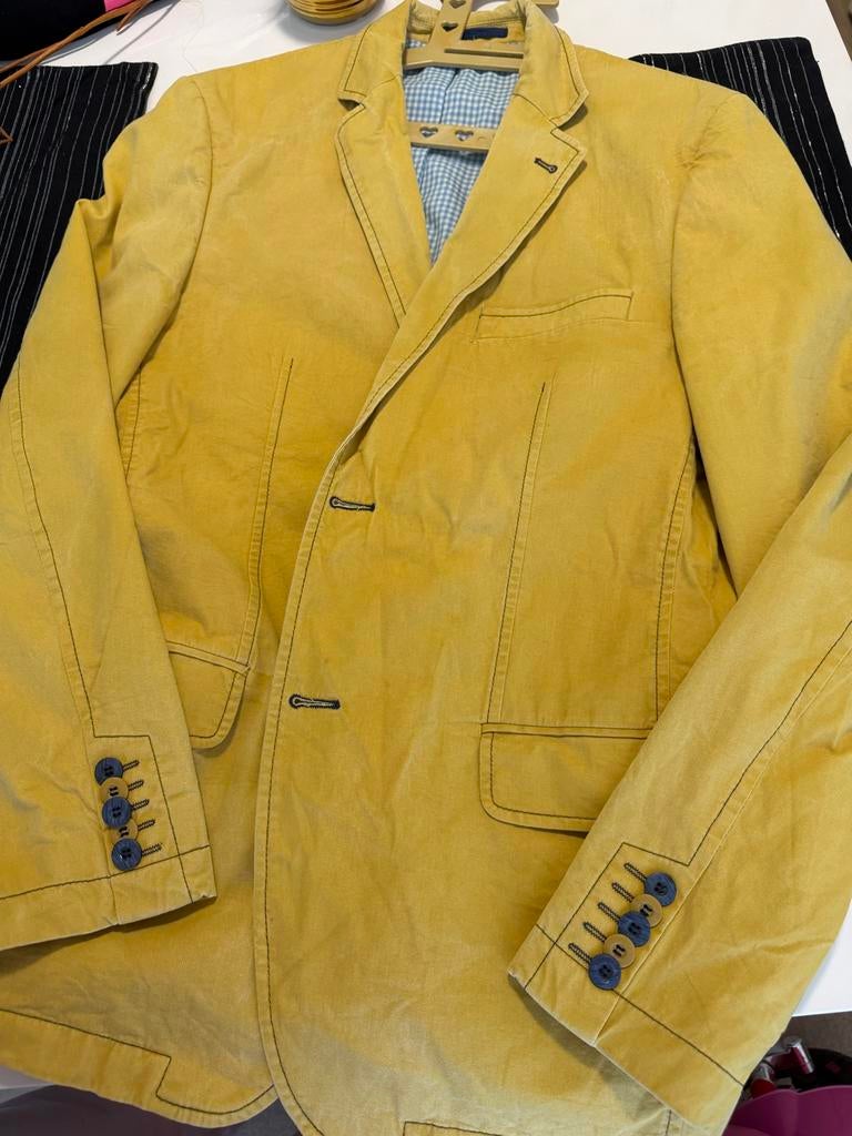 Geel colbert met blauwe knopen, Kleding | Heren, Kostuums en Colberts, Ophalen of Verzenden, Gedragen, Overige maten, Geel
