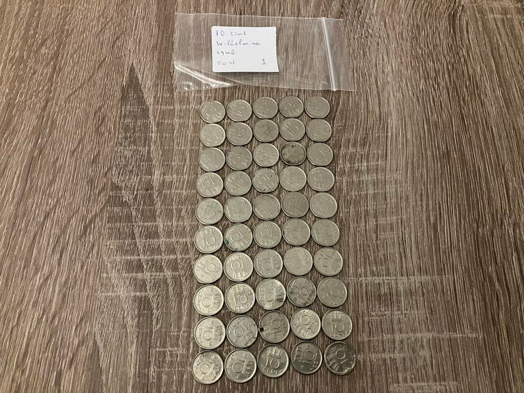 10 cent gulden 1948 jaar 50 stuks., Ophalen of Verzenden, Koningin Wilhelmina, 10 cent, Setje