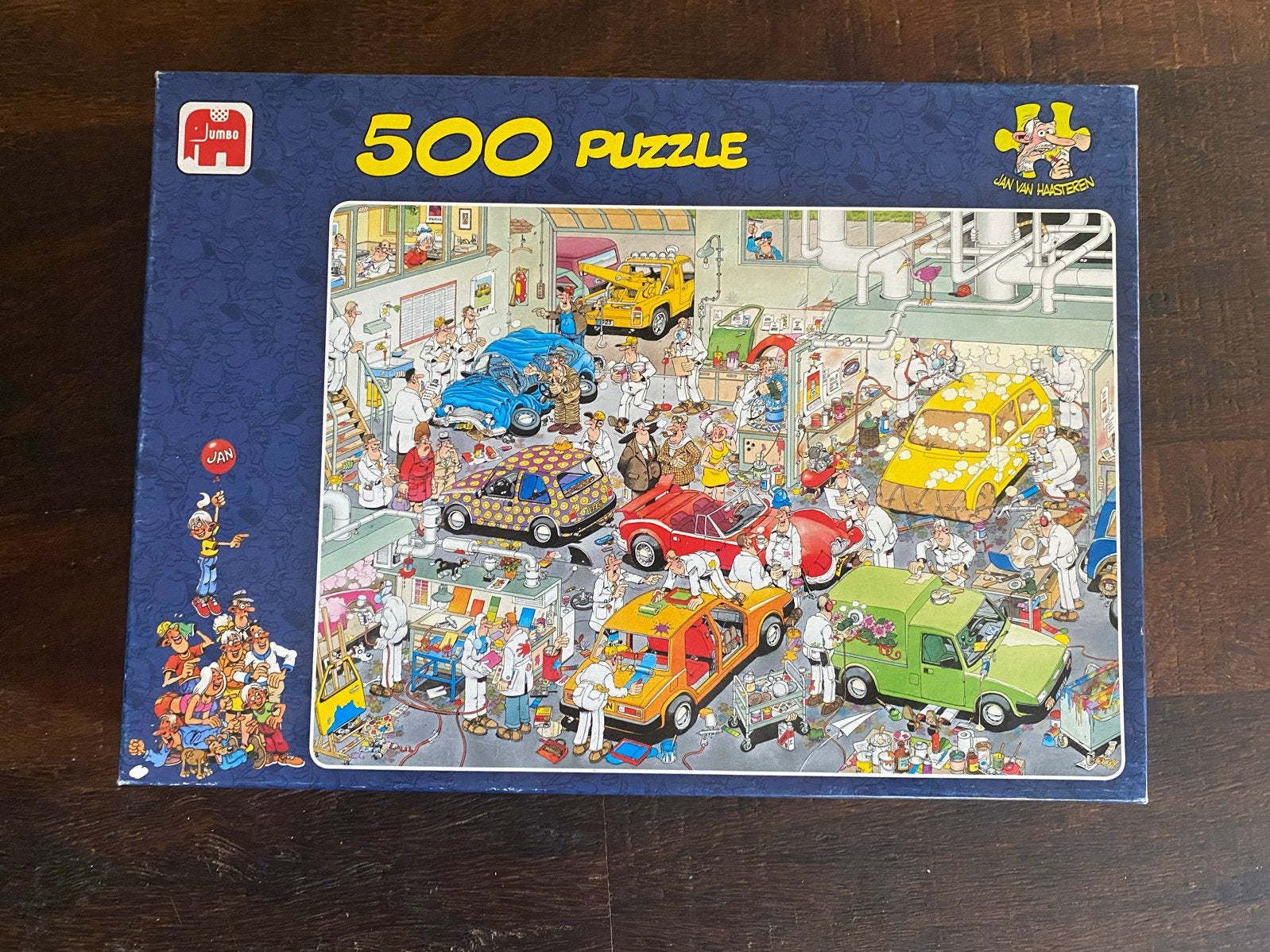 Jan van Haasteren Puzzel - autospuiterij (500 stukjes), Ophalen of Verzenden, Minder dan 500 stukjes, Gebruikt, Legpuzzel