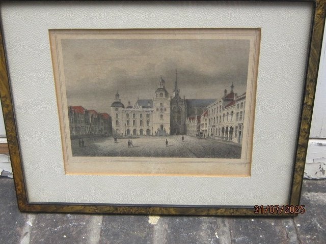 Goes, Mooie Gekl. Staalgravure Grootemarkt/kerk en StAdhuis, Ophalen of Verzenden, Gravure