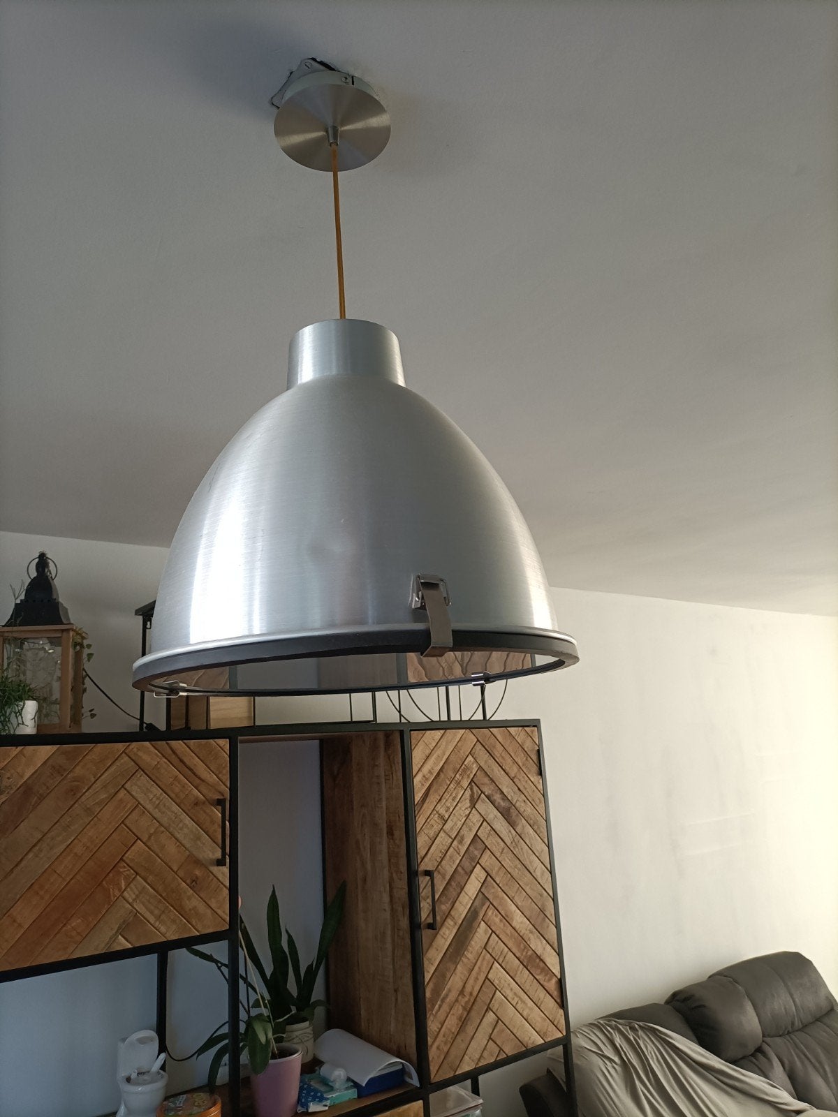industriële hanglampen zilver, diameter 38cm, Ophalen, Gebruikt, E27 (groot), Industriële