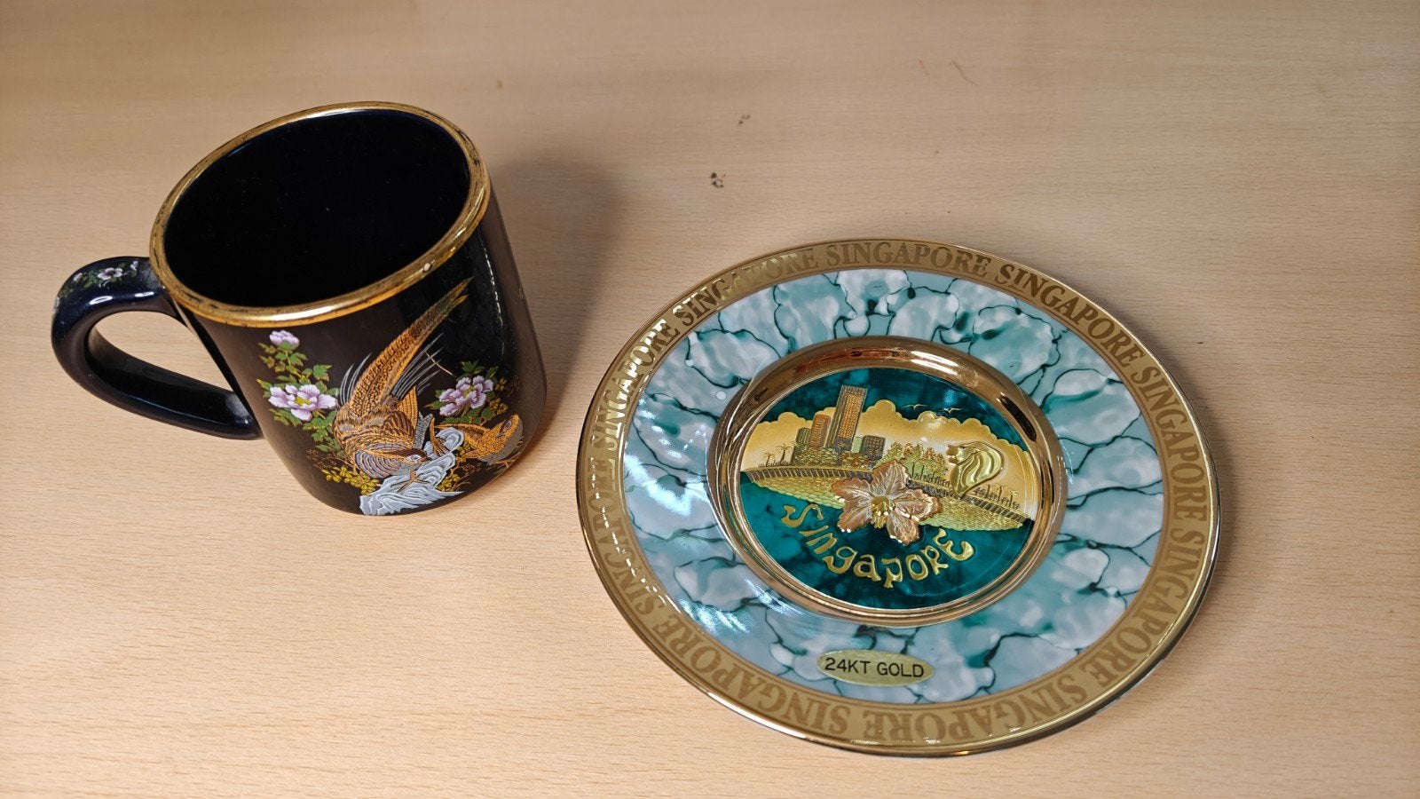 Vintage Chokin Art Mok & Singapore Schotel 24KT Goud, Ophalen of Verzenden