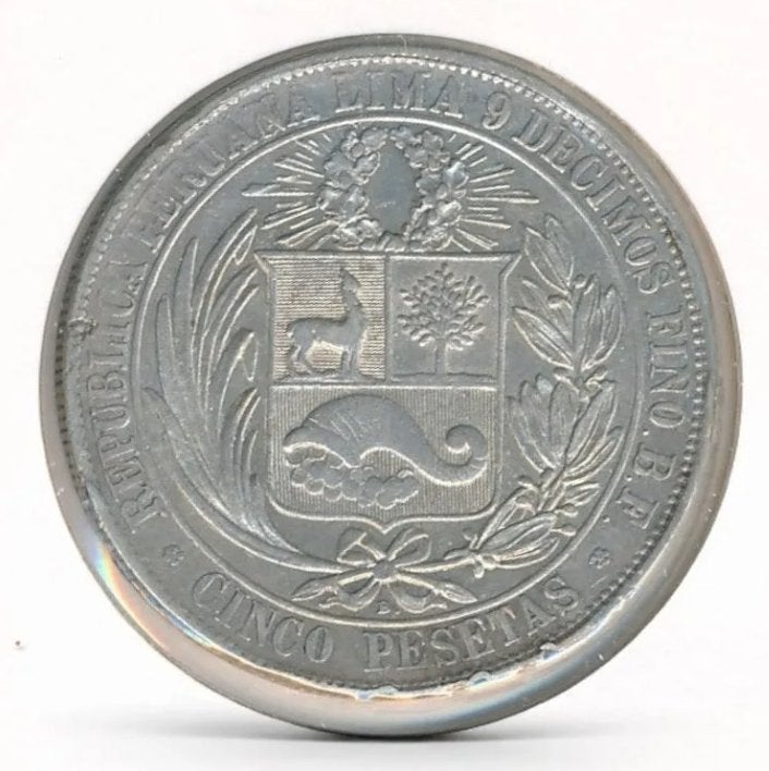 Peru 5 Pesetas 1880, Ophalen of Verzenden, Zuid-Amerika, Losse munt, Zilver