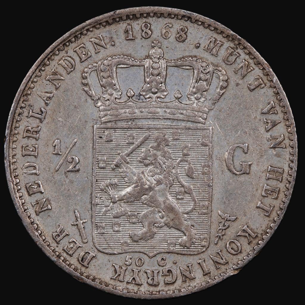 Halve gulden 1868. Zfr., ½ gulden, Koning Willem III, Zilver, Ophalen of Verzenden