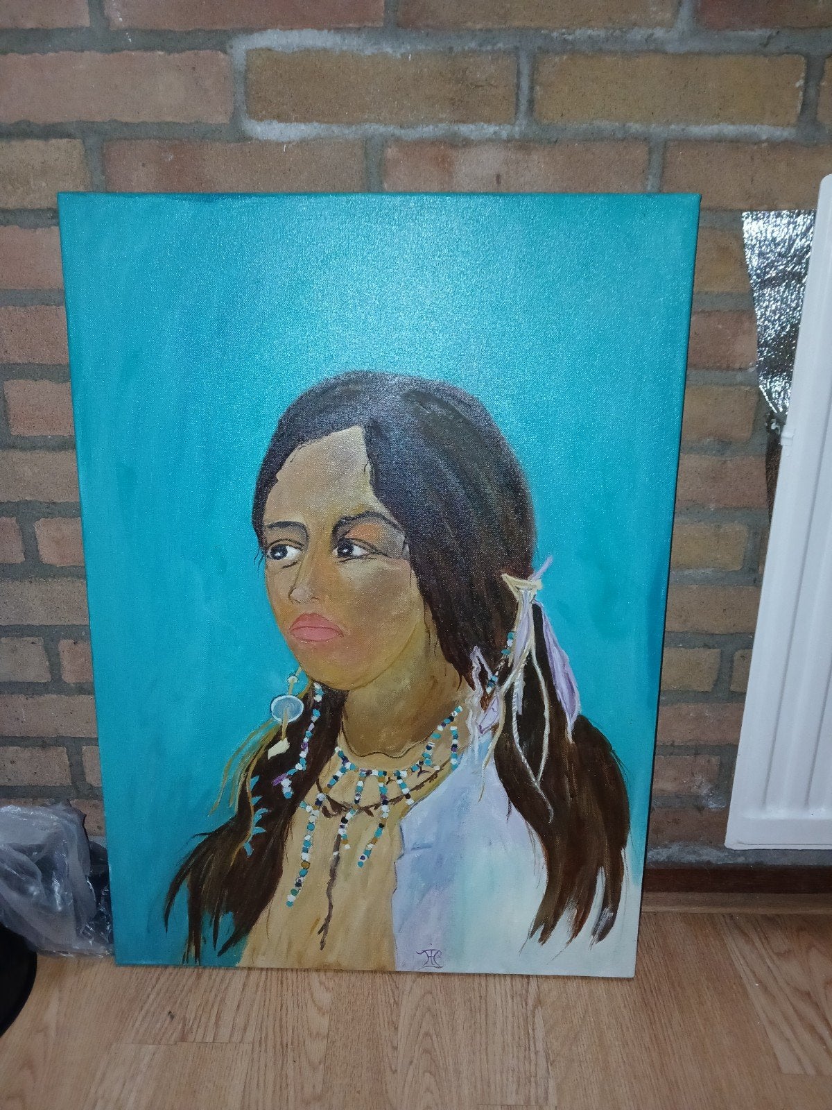 Schilderij van een vrouw met sieraden, Acrylverf, Doek, Portret of Personen, Realistisch