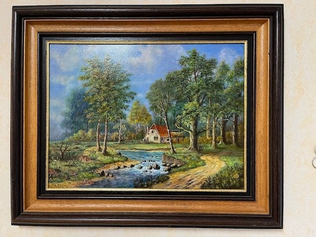 landhuisje aan riviertje, Nederlandse school, Doek, Stilleven, Ophalen of Verzenden