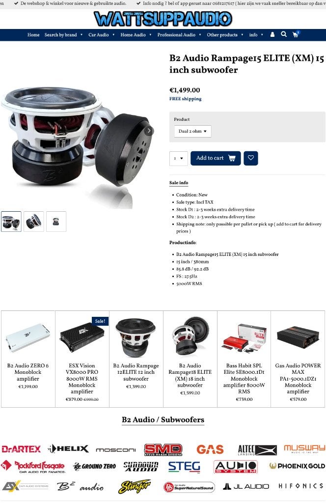 B2 Audio Rampage15 ELITE (XM) 15 inch subwoofer, Auto diversen, B2, ., Nieuw, Ophalen of Verzenden