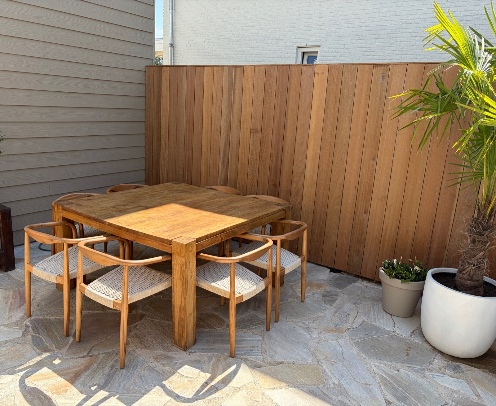 8 Sklum Mallory eetkamerstoelen + eetkamertafel (teak), Ophalen, Gebruikt, 100 tot 150 cm, 200 cm of meer