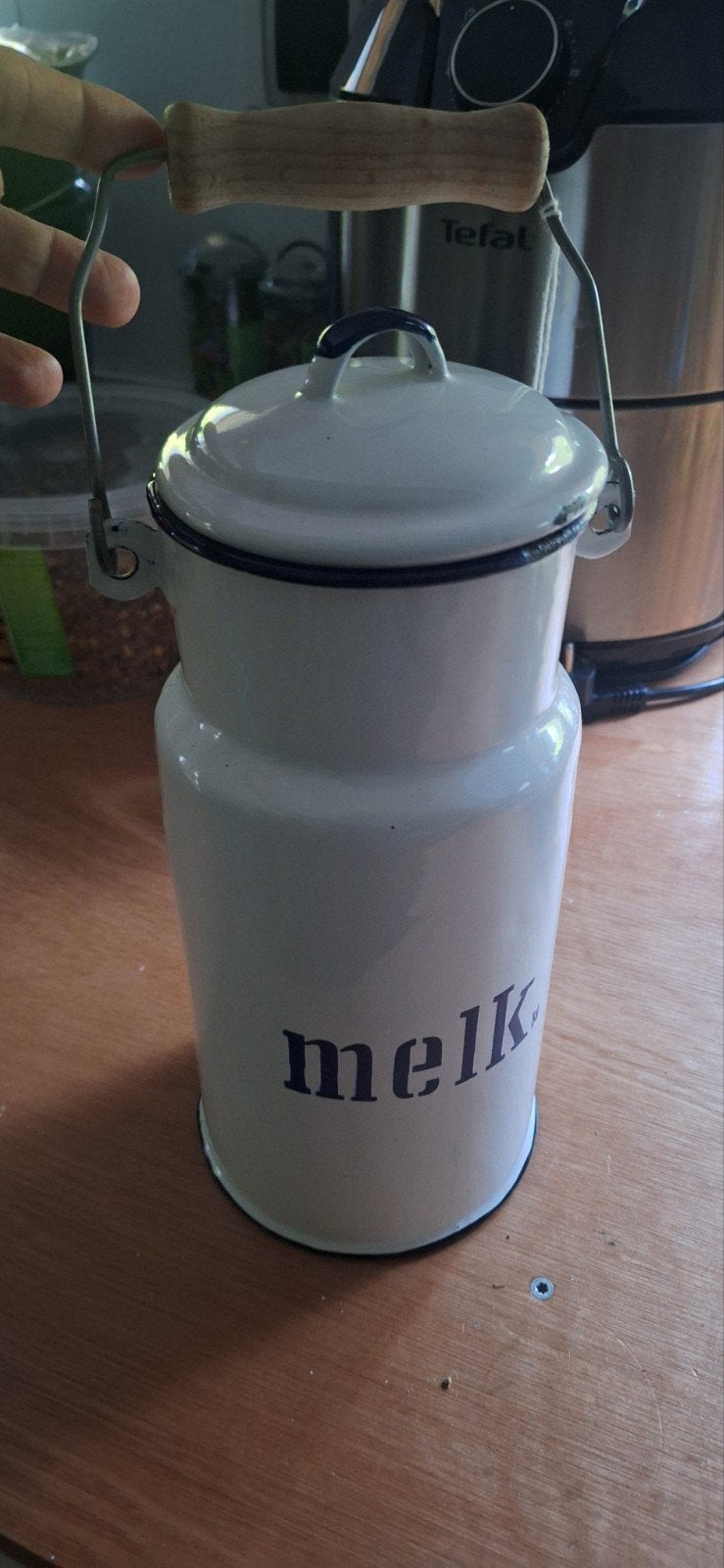 Vintage Melkkan - Emaille met Houten Handvat, Ophalen of Verzenden