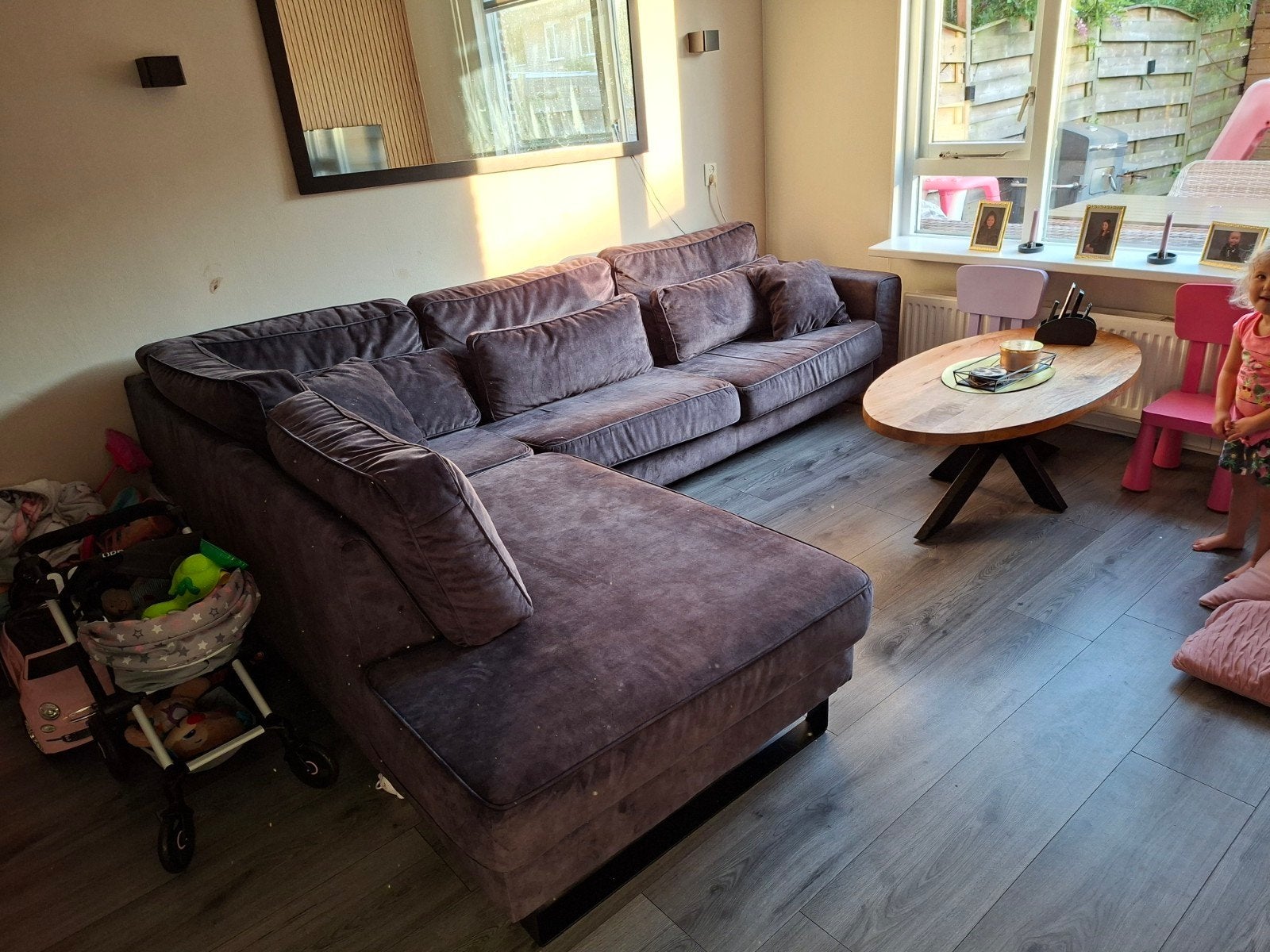 Mooie velvet hoekbank antraciet, Huis en Inrichting, Banken | Bankstellen, Ophalen, 250 tot 300 cm, Minder dan 75 cm, Hoekbank