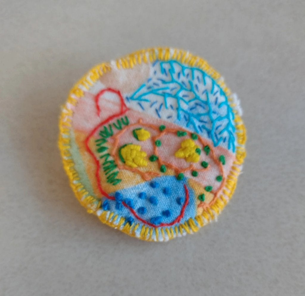Handgemaakt broche rond geborduurd fantasie geel, Overige materialen, 4 tot 7 cm, Geel, Nieuw