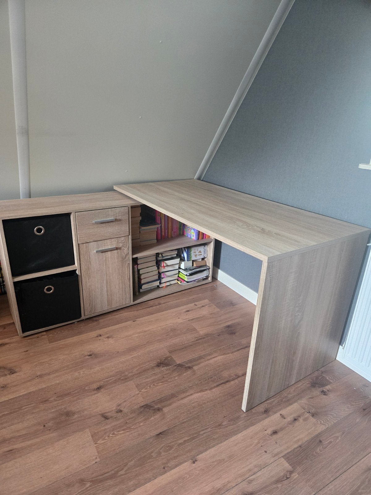 Modern hoekbureau met opbergruimte - Licht hout, Huis en Inrichting, Bureaus, Met lades, Gebruikt, 140 cm, Spaanplaat of MDF