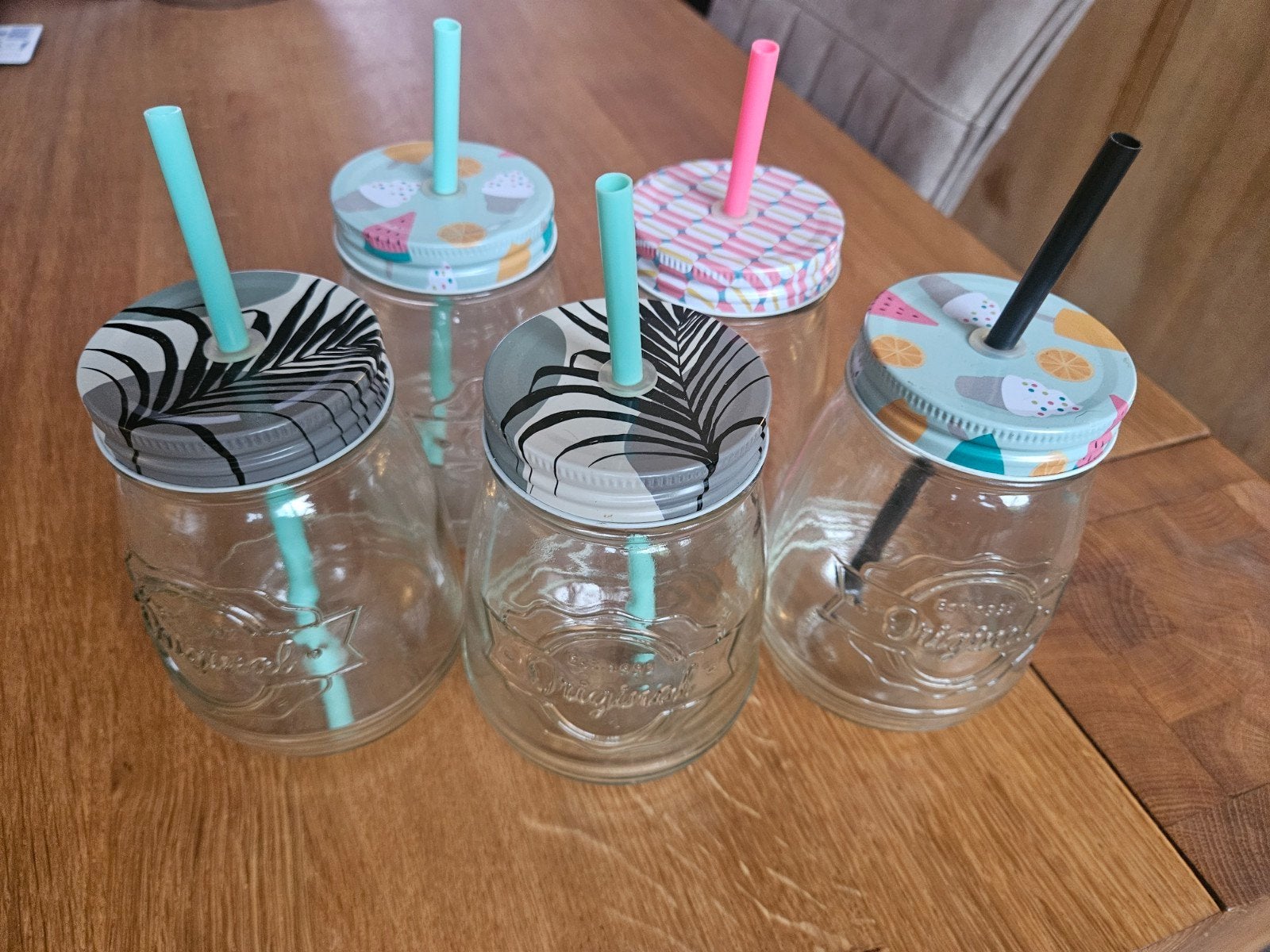 Set van 5 Mason Jar drinkglazen met rietje en deksel, Ophalen of Verzenden, Gebruikt, Meerkleurig, Glas