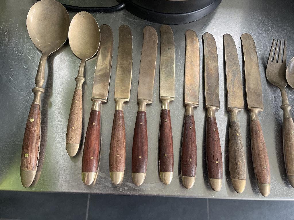 vintage bestek mid century rosenhout messing Scandinavisch, Antiek en Kunst, Ophalen of Verzenden