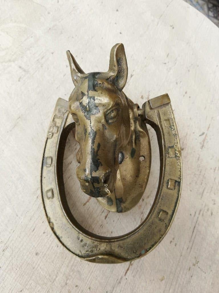 Messing deurklopper met paardenhoofd en hoefijzer, Ophalen of Verzenden, Zo goed als nieuw, Goud, Metaal