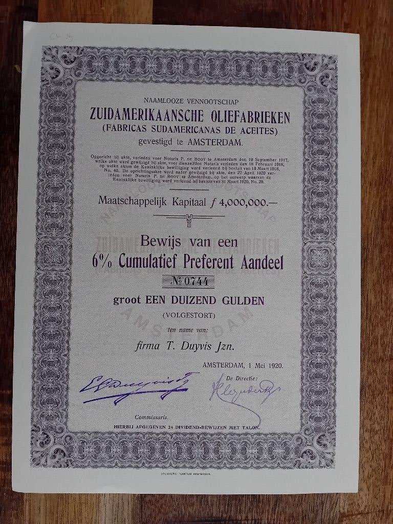2x aandeel Zuidamerikaansche Oliefabrieken - 1918/1920, Ophalen of Verzenden, Voor 1920, Aandeel
