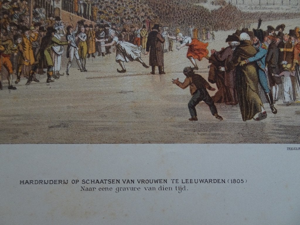 kleurlitho schaatswedstrijd vrouwen Leeuwarden 1805 Tresling, Origineel, Ophalen of Verzenden
