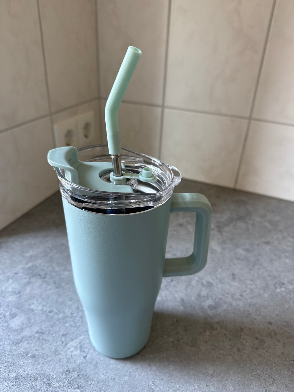 Mintgroene Thermobeker met Rietje -nieuw, Ophalen of Verzenden, Zo goed als nieuw, Metaal, Overige merken