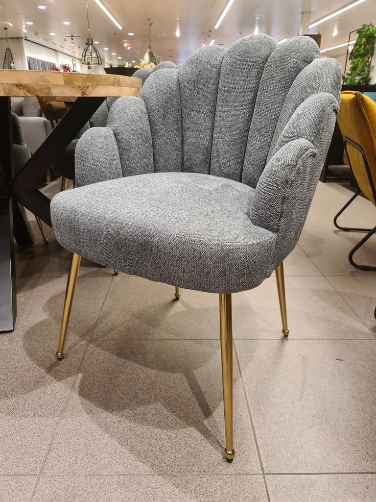 Nieuwe luxe eetkamerstoel schelp model grijs goud poot€120ps, Ophalen, Industrieel landelijk barok brocante koloniaal boheems vintage