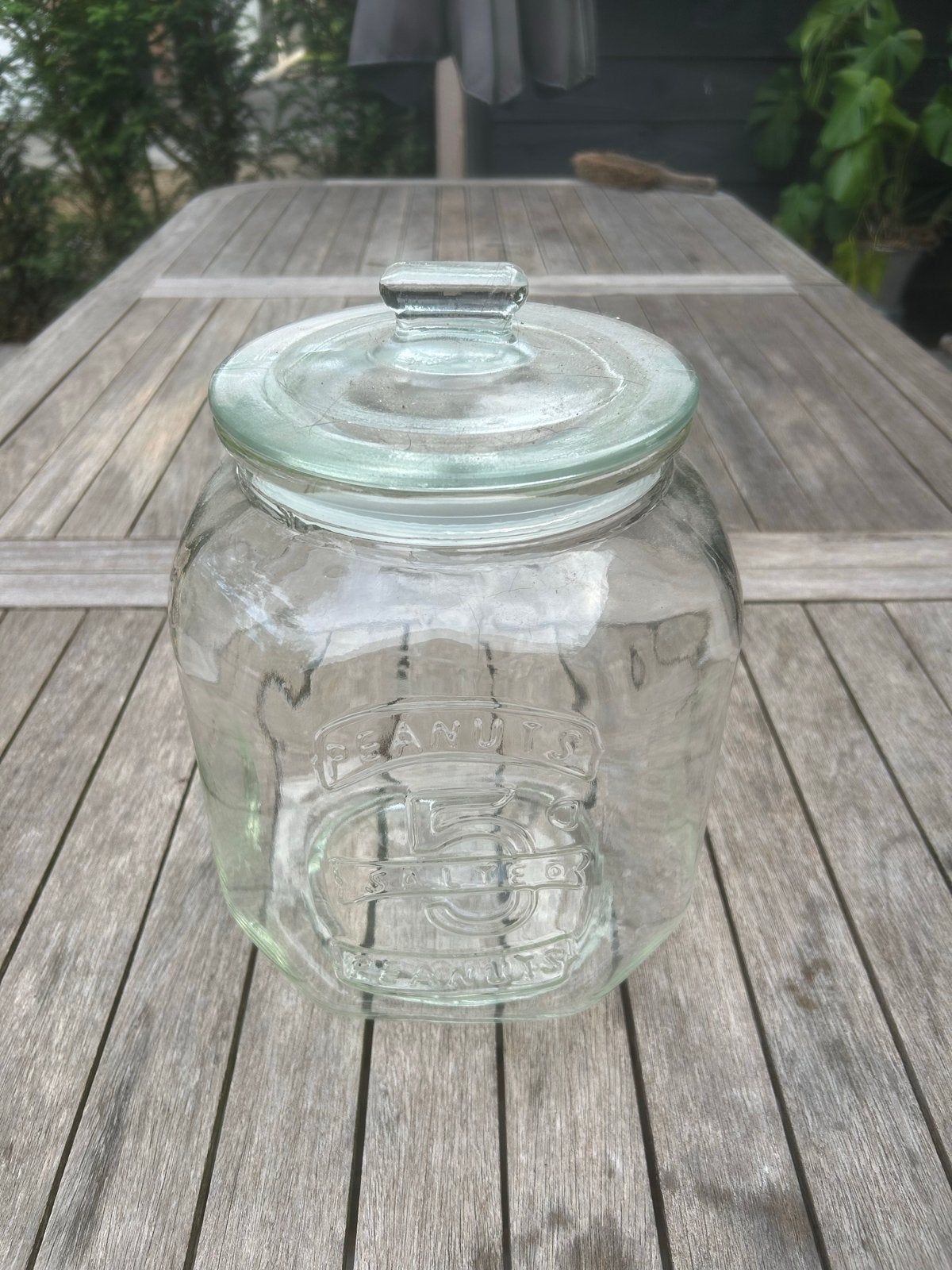 Vintage Glazen Pindakaas Pot met Deksel - 'Peanuts 5 Cents', Ophalen