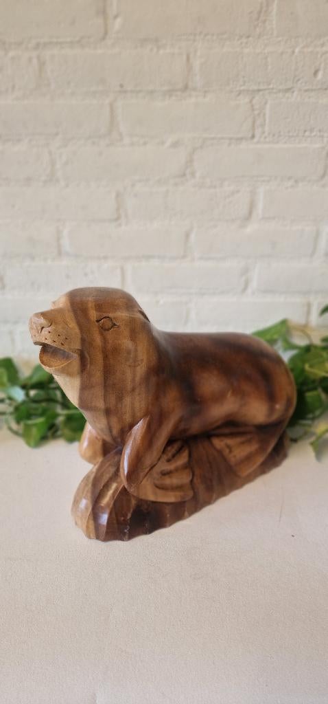 Groot Vintage Houten Sculptuur – Handgesneden Zeeleeuw, Ophalen of Verzenden