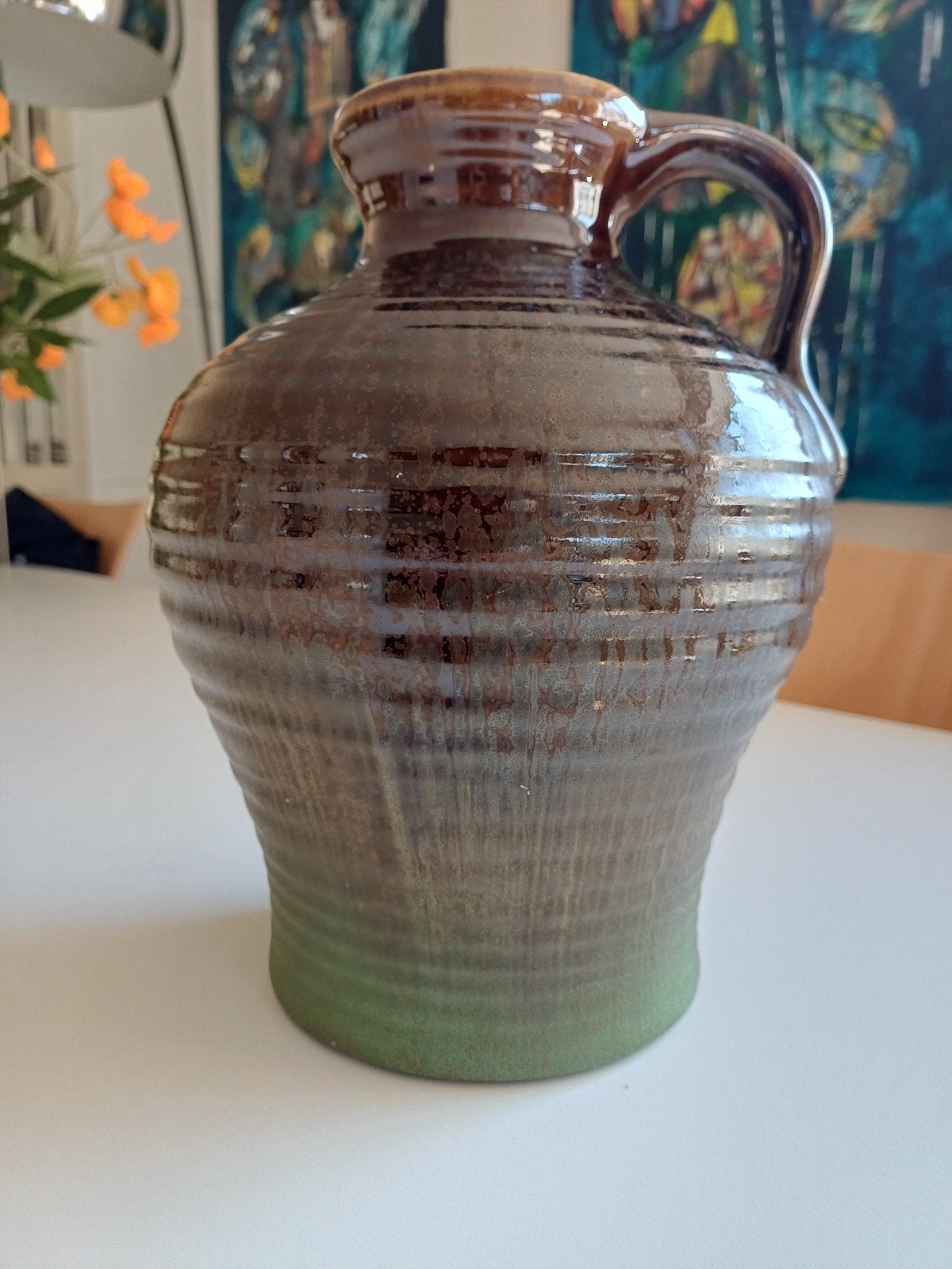 Mooie vintage aardewerken kruik of vaas met een uniek, Ophalen of Verzenden, Gebruikt, Overige kleuren, Steen/keramiek
