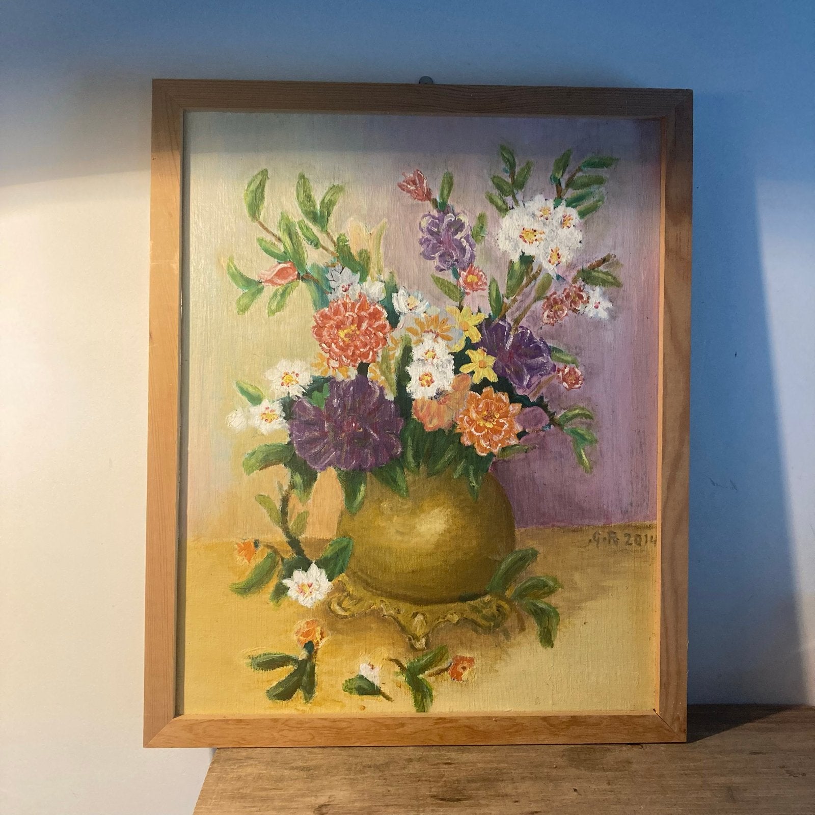 G. Roest 2014 - Kleurrijk bloemenschilderij in lijst, Antiek en Kunst, Bloemen, Gedateerd, Doek, Realistisch