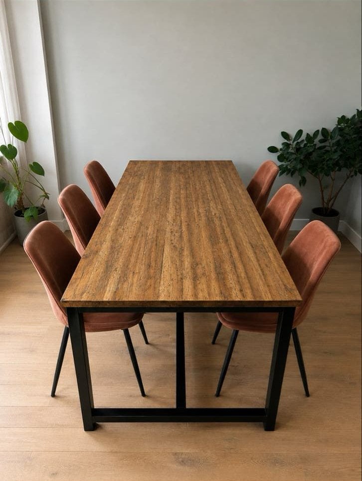 Eettafel teakhout met stalen poten - 220x100 cm, Ophalen, Gebruikt, 200 cm of meer, Vijf personen of meer