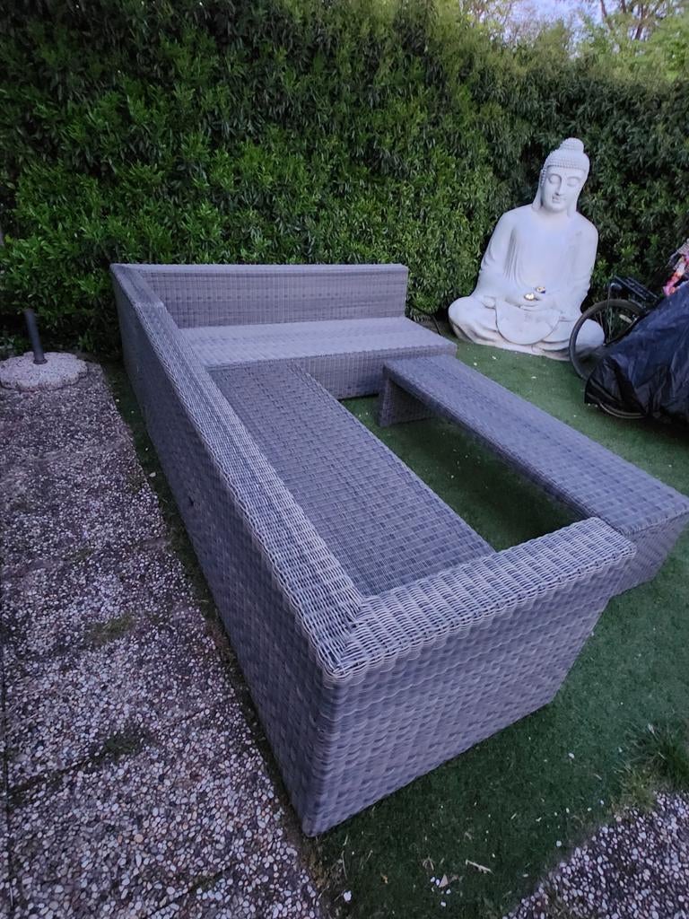 Luxe loungeset BELLAGIO 2m x 2m met lange hocker/tafel €100, Ophalen, Rotan, Loungeset, Bank