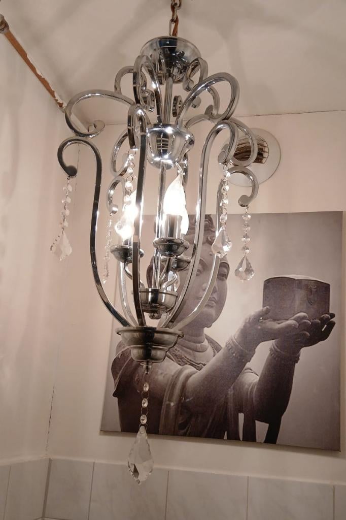 Elegante zilveren hanglamp met 3 Lichtpunten en kristal, Ophalen, Overige materialen, Zo goed als nieuw, Minder dan 50 cm