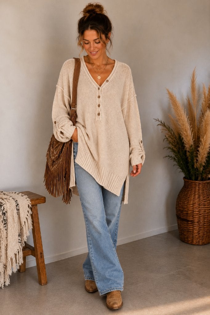Free people lange gebreide trui oversized crème boho maat M, Kleding | Dames, Maat 38/40 (M), Beige, Ophalen of Verzenden, Zo goed als nieuw