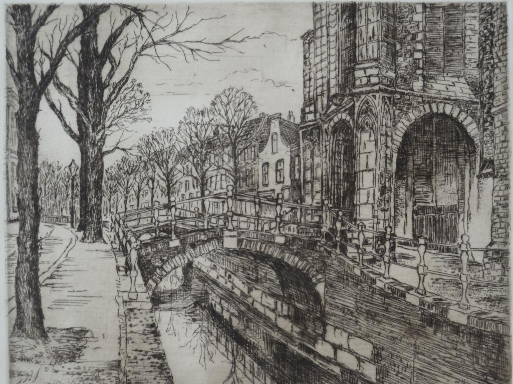ets portiek Oude kerk gracht Delft H.W. Bremmer 1920, Antiek en Kunst, Stadsgezicht, Origineel, 1900 - 1949, Verzenden