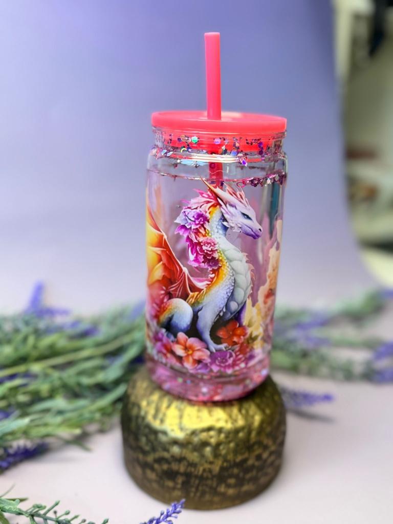 handmade Fantasy Dragon Snowglobe Tumbler met Roze Glitter, Huis en Inrichting, Verzenden, Overige typen, Nieuw, Overige stijlen