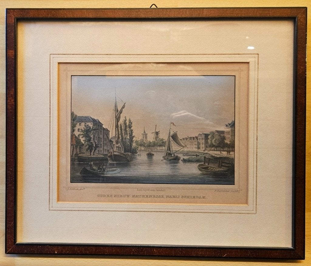 Ingekleurde ets met lijst, Handgekleurd, Ets, Stadsgezicht, Ophalen of Verzenden