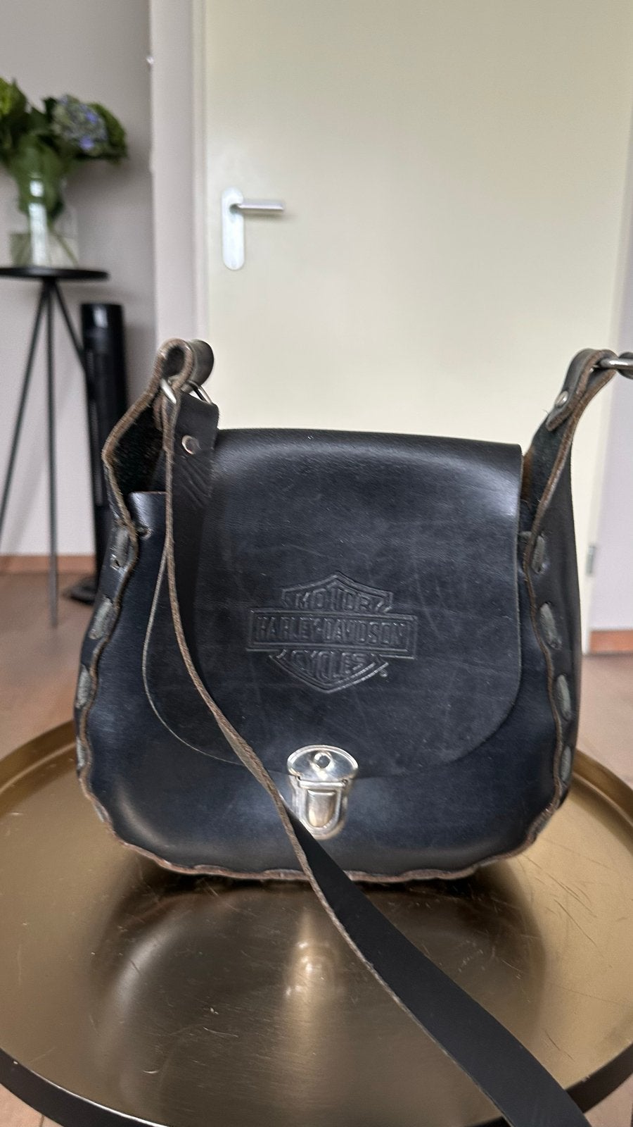Vintage Harley Davidson Schoudertasje Zwart Leer, Ophalen of Verzenden, Gebruikt, Zwart, Schoudertasje