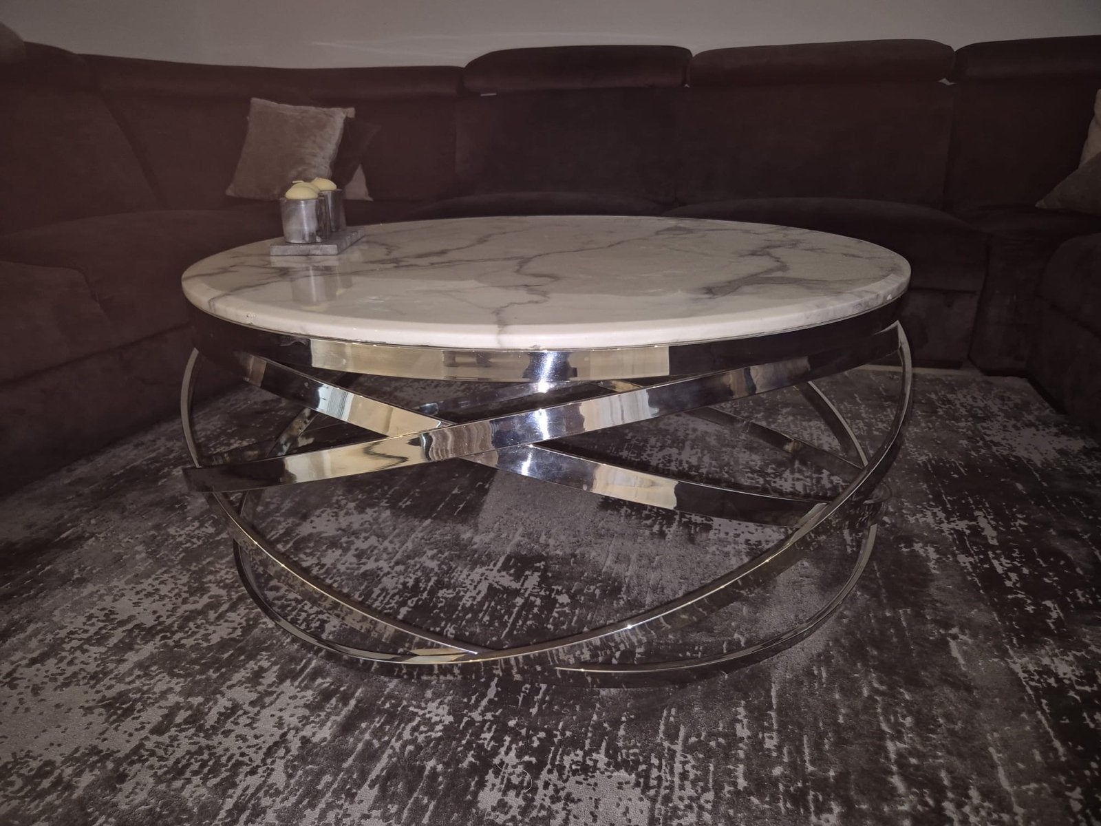 Ronde salontafel met echt marmeren blad, diameter 100 cm, Ophalen, Overige materialen, Gebruikt, Rond