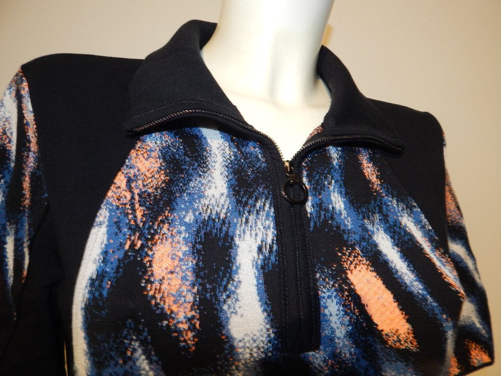 Marccain gevlamde jurk koele kleuren combinatie ritsje hals4, Maat 38/40 (M), Knielengte, Gedragen, Marccain