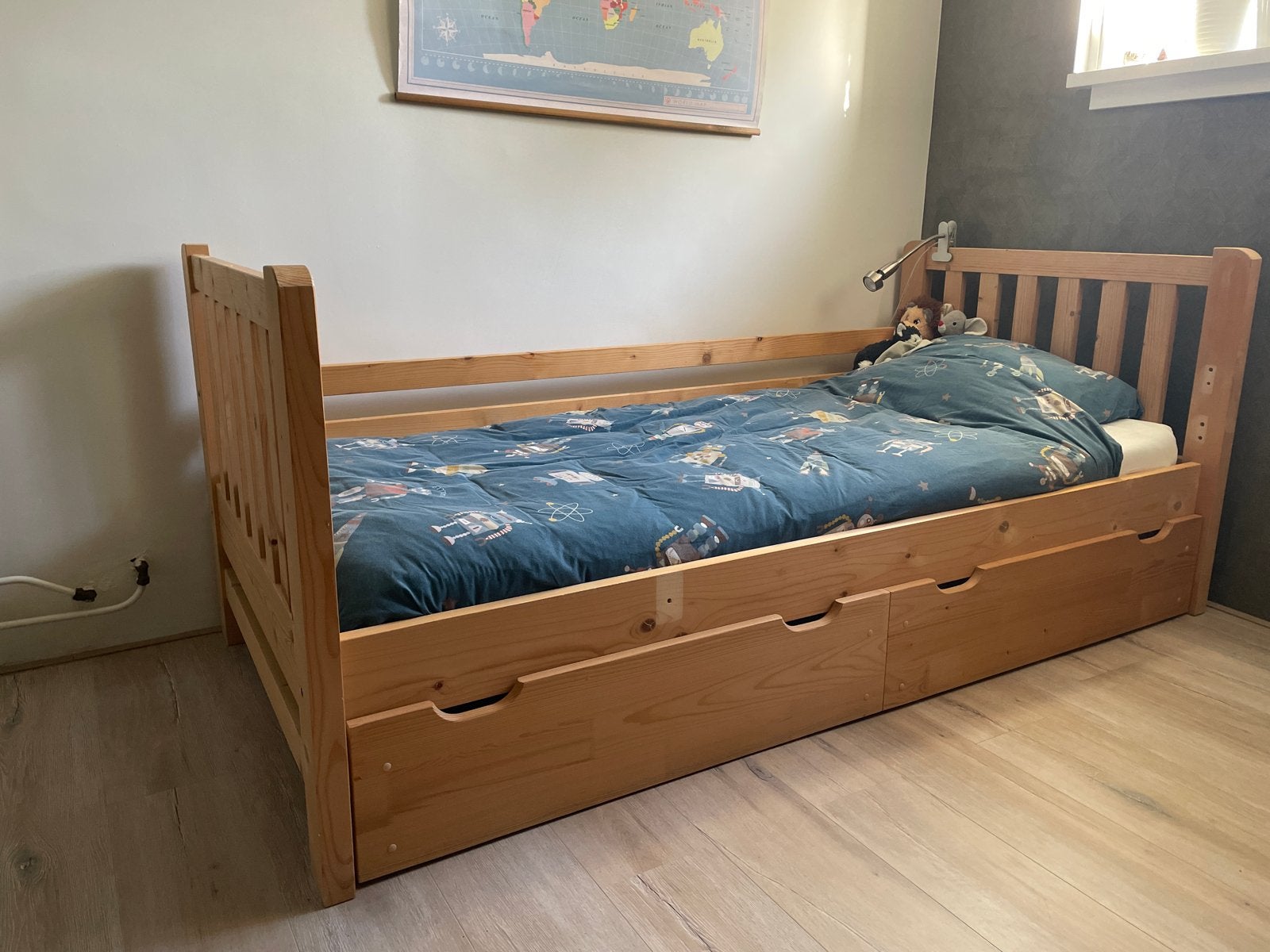 Eenpersoonsbed met lades, matras en matrasbeschermer, Ophalen, Gebruikt, 90 cm, Eenpersoons