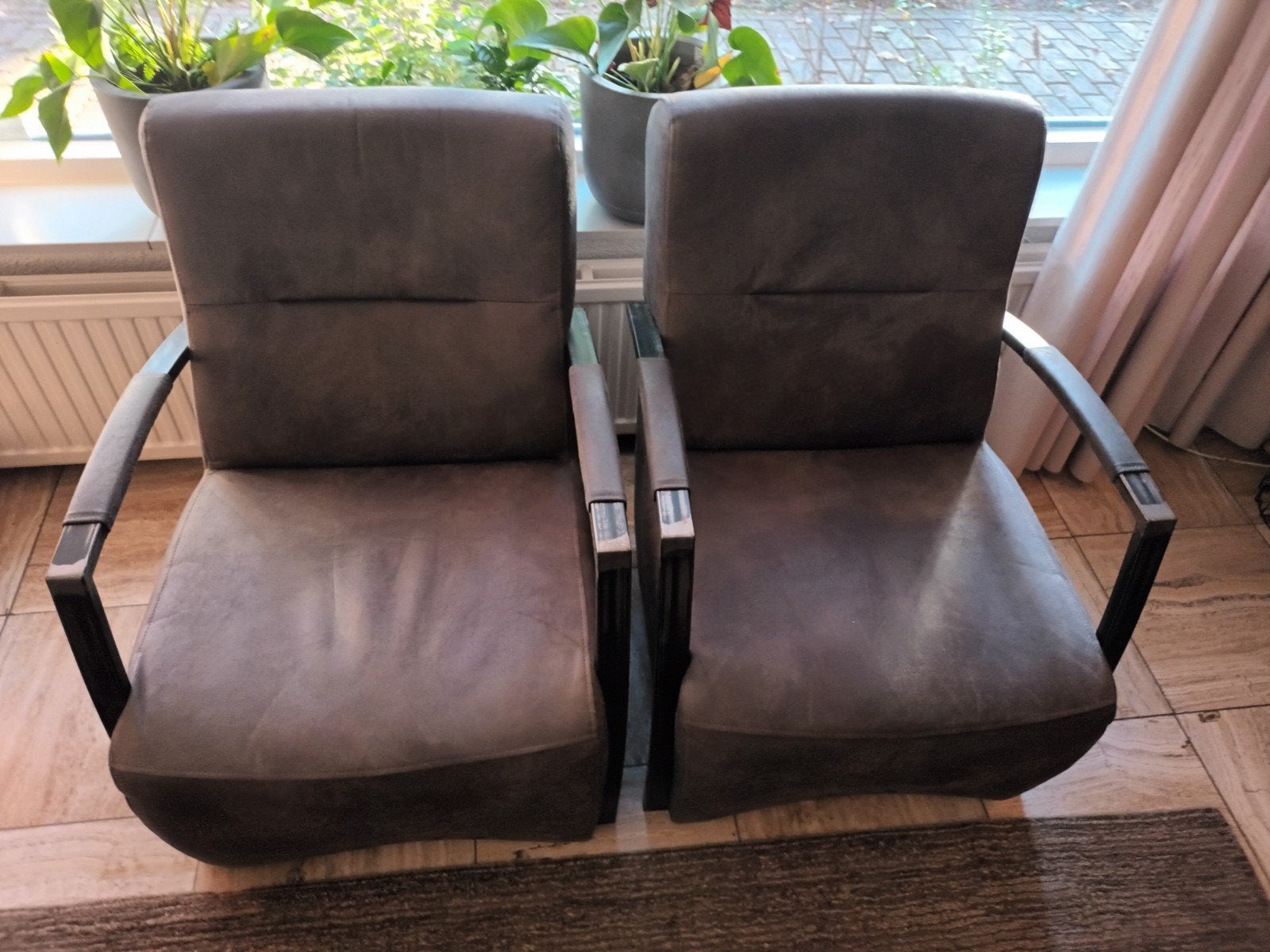 Set van 2 comfortabele fauteuils - Grijs/groen, Huis en Inrichting, Ophalen, Gebruikt, Minder dan 75 cm, Modern comfort