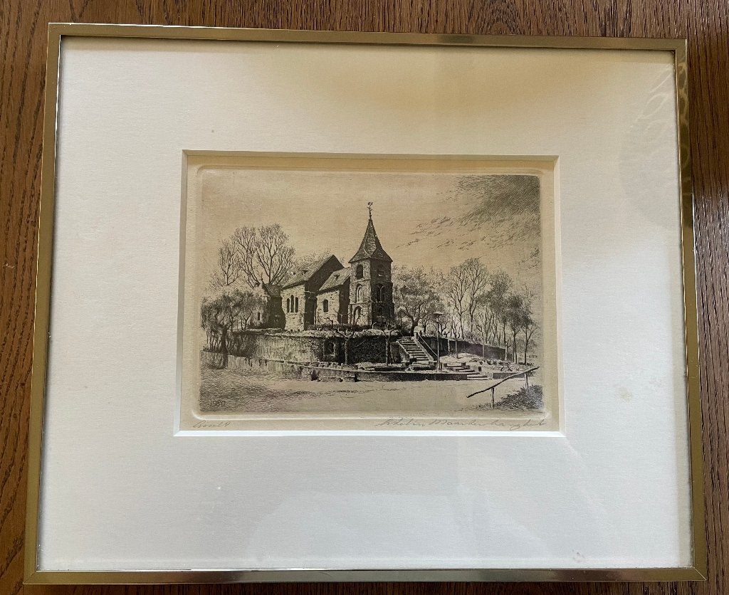 Asselt kerkje (L). Ets (1980), 2000 tot heden, Ingelijst, 25 cm, Ets