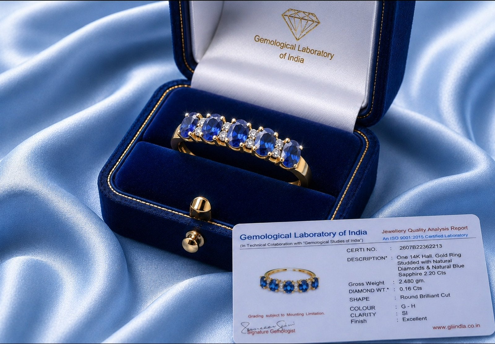 Ring goud met diamanten en saffieren, Nieuw, Ophalen of Verzenden, 17 tot 18, Dame