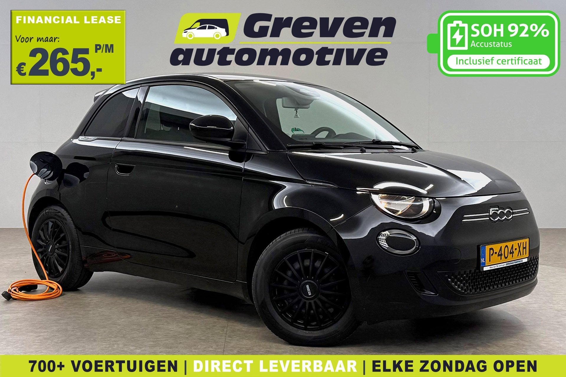 Fiat 500E Action 24 kWh | Snelladen | SOH 92% | Virtual | Ai, Auto's, Stof, Gebruikt, 43 €/maand, Zwart