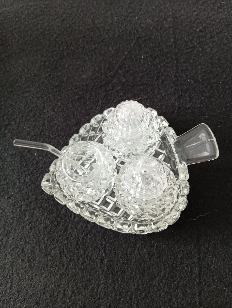 oud peper zout en mosterd stelletje op glazen schaaltje, Antiek en Kunst, Antiek | Glas en Kristal, Ophalen of Verzenden