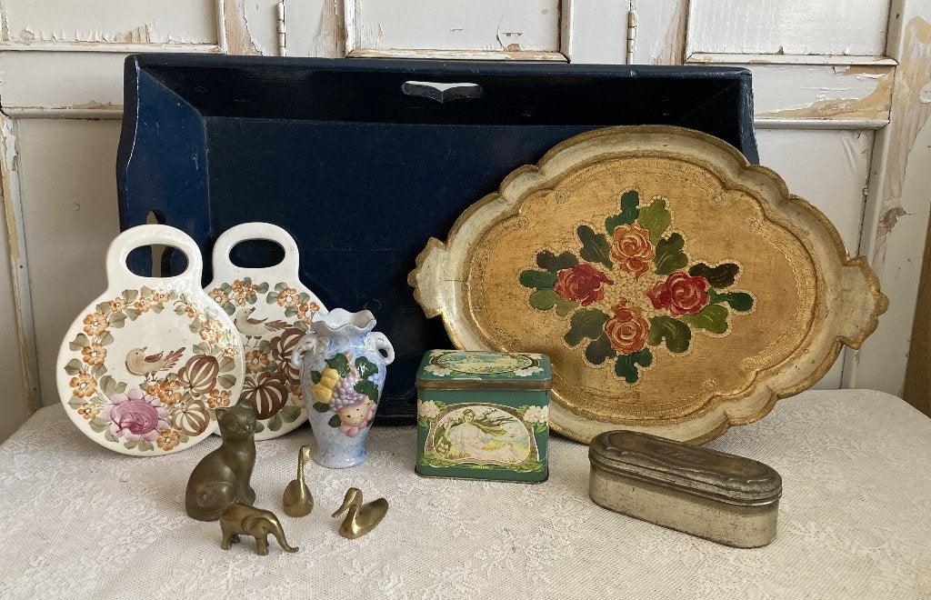 Brocante onderzetter - vaasje - blikjes - koperen diertjes, Ophalen of Verzenden