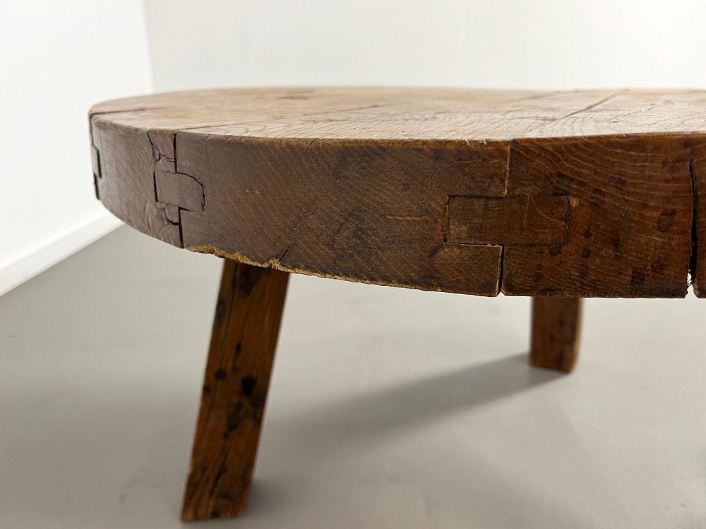 Spaanse brutalisme antieke eiken ronde salontafel,jaren 30, Ophalen