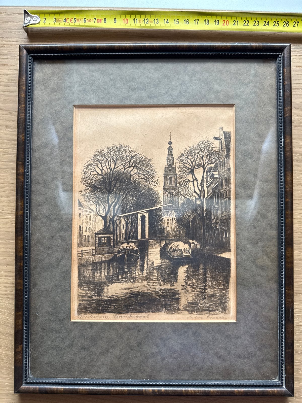 Ets Groenburgwal Amsterdam gesigneerd Anton Franken, Antiek en Kunst, Kunst | Etsen en Gravures, Ets, Stadsgezicht, Ophalen of Verzenden