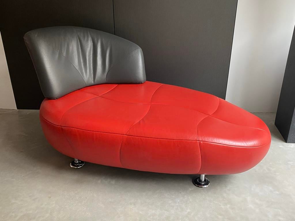 Leolux Kikko chaise longue - Rood/Grijs leer, Ophalen, Gebruikt, Eenpersoons, Leer