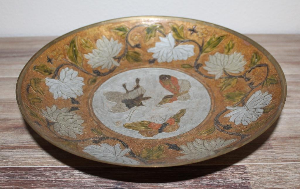 grote vintage cloisonné schaal met vlinderdecor, Ophalen of Verzenden