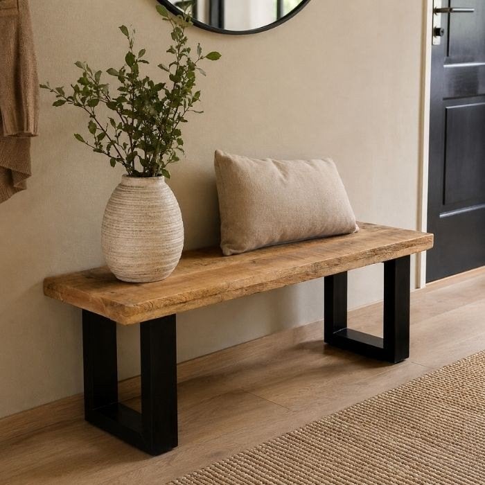 Eetkamerbank van mangohout 150 en 190 cm. Smalle salontafel, Overige kleuren, Nieuw, Ophalen of Verzenden, Vijf, Zes of meer stoelen